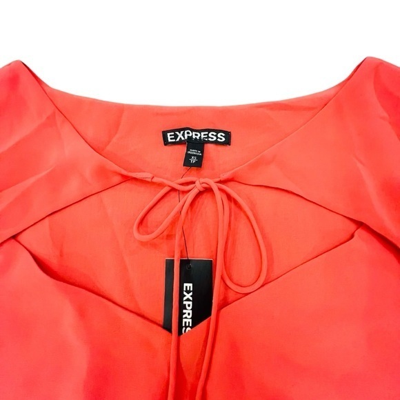 Express Orange Blouse V-Neck Chiffon Top XS Long Bell Sleeves Tie‎ Neckline NWT - Picture 5 of 15